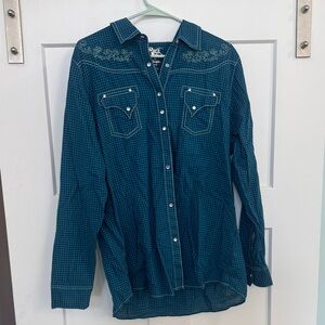 Wrangler Teal Checkered Button Down Shirt